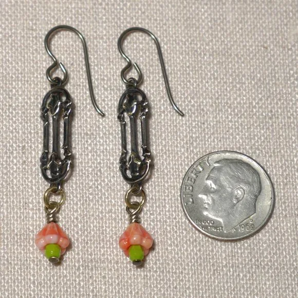 Hand Crafted Handmade Earrings Arts & Crafts Style Brass Coral Pink Bell… - Picture 3 of 4